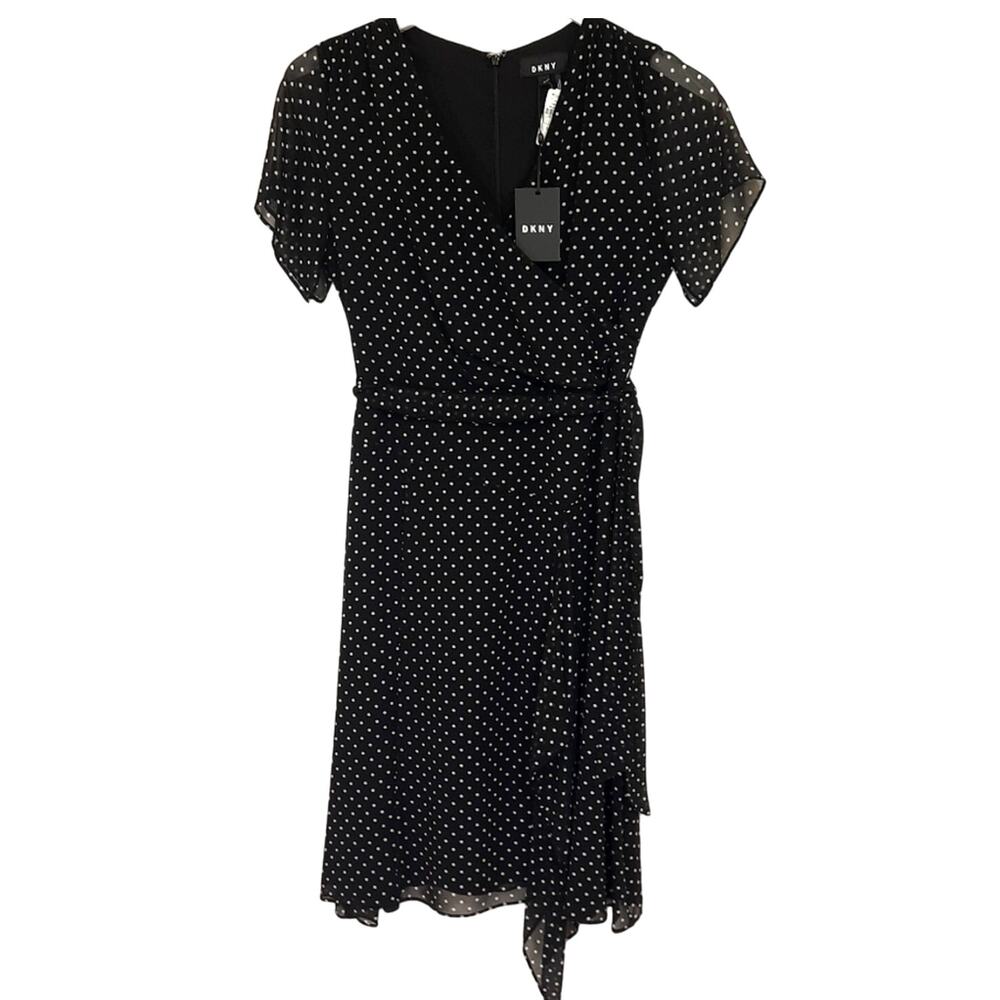 NWT DKNY Black Polka Dot Wrap Style Dress Sz 6 Ruffle Flutter Sleeve Tie Waist
